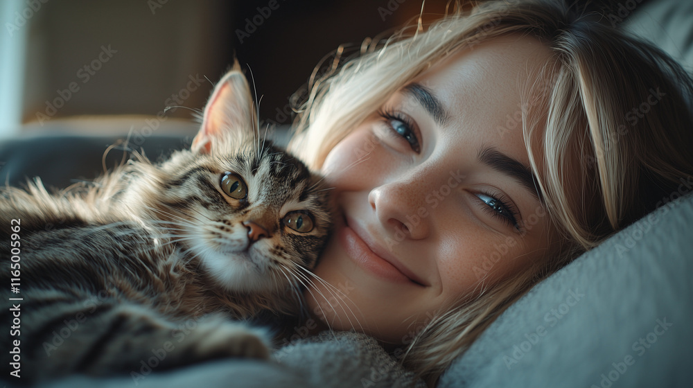 Woman playing with her cat on the sofa, smiling, happy moment, natural lighting, soft shadows, high-resolution photo capturing their connection. Woman playing with her cat on the sofa, smiling, happy moment, natural lighting, soft shadows, high-resolution photo capturing their connection.