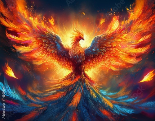 A glowing phoenix with fiery feathers soars through the sky, surrounded by radiant flames and glowing embers, blending mythological realism with vibrant colors.
