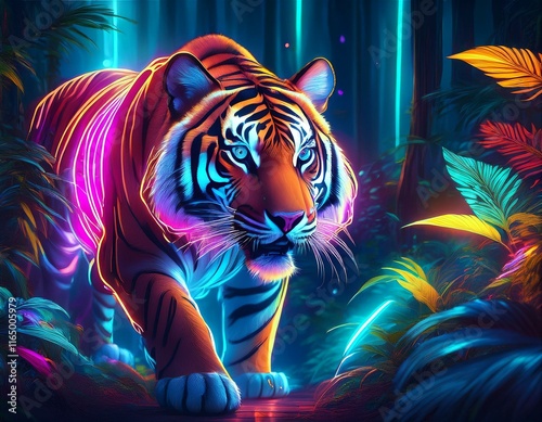 A glowing tiger walks through a neon jungle with glowing foliage and vibrant light trails, combining futuristic wildlife themes with luminous textures.

