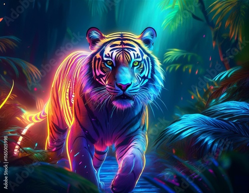 A glowing tiger walks through a neon jungle with glowing foliage and vibrant light trails, combining futuristic wildlife themes with luminous textures.
 photo