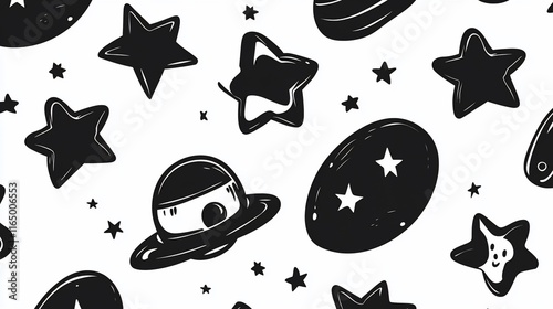 Seamless pattern of black stars, planets, and UFOs on white background. photo