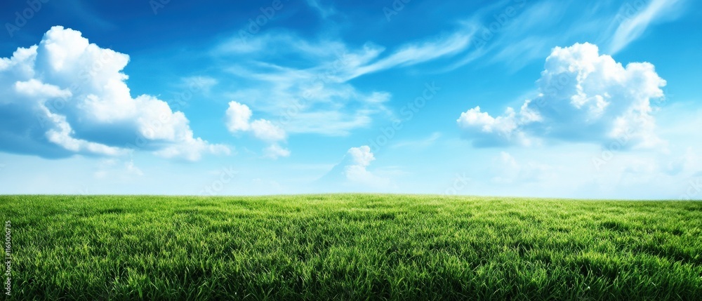 Fototapeta premium A picturesque sunflower field stretching towards the horizon under a vibrant blue sky with fluffy white clouds.