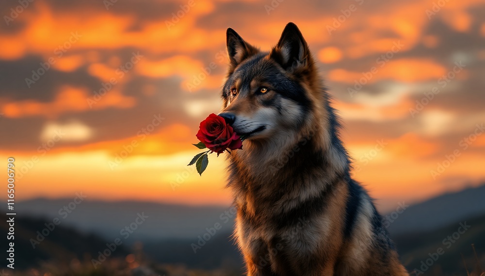 Majestic Wolf at Sunset with a Rose Majestic Wolf at Sunset with a Rose