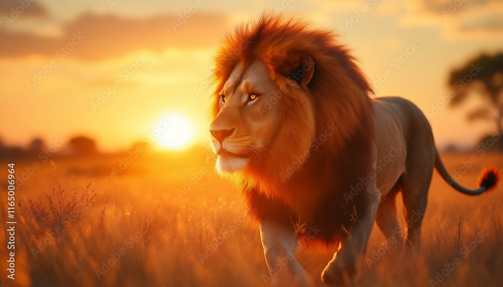 Majestic Lion at Sunset in the African Savanna Majestic Lion at Sunset in the African Savanna