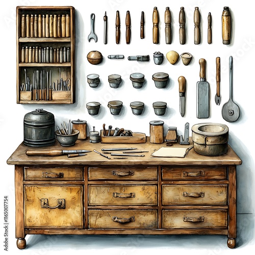 An illustration of a vintage wooden workbench with an assortment of hand tools and storage containers.
