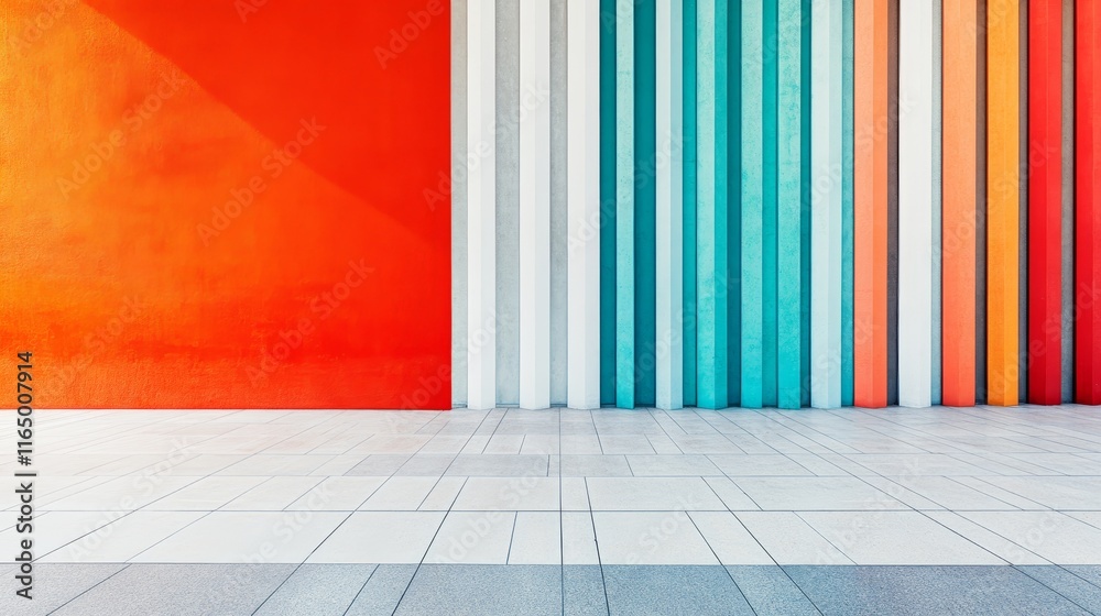 A vibrant wall with vertical stripes in various colors against a smooth tiled floor. A vibrant wall with vertical stripes in various colors against a smooth tiled floor.