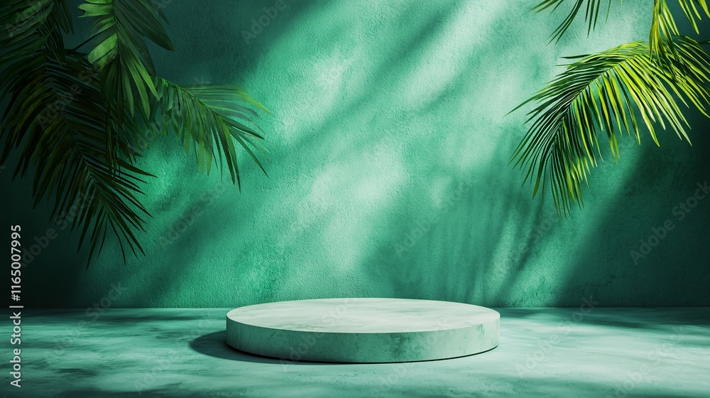 Green Background with Palm Leaves and Round Platform Green Background with Palm Leaves and Round Platform