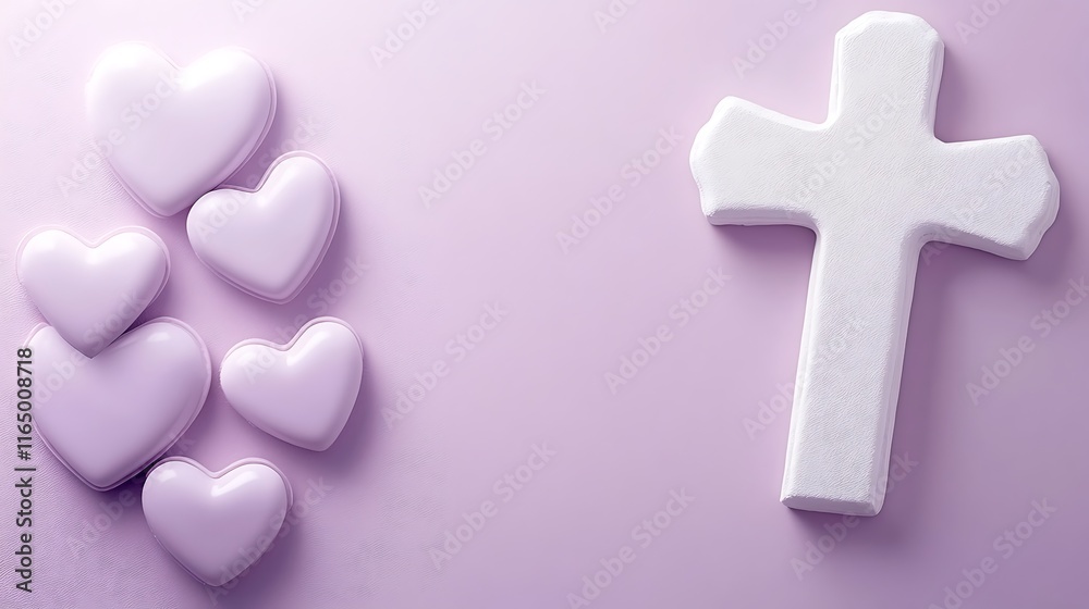 Obraz premium Purple Hearts and a White Cross on Lavender Background