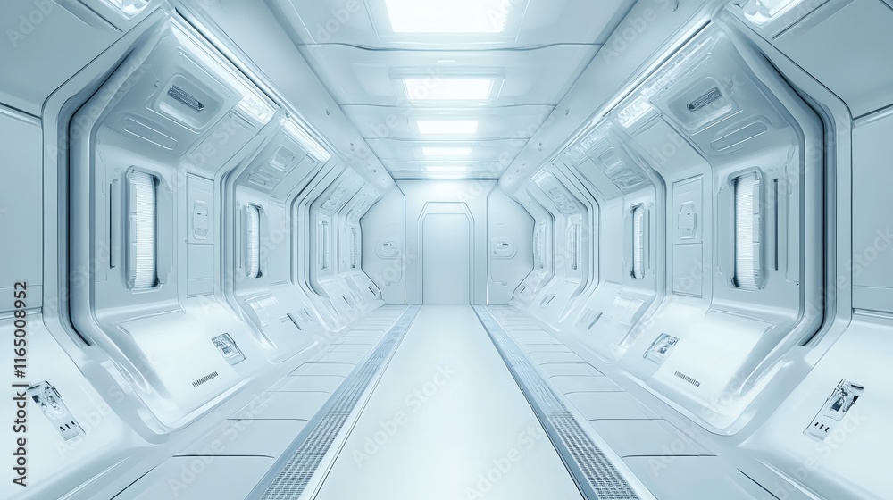 Obraz premium A futuristic, sterile corridor with smooth surfaces and bright lighting.