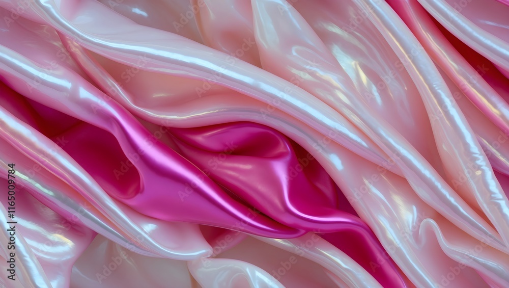 Obraz premium Pink Satin Fabric Background Wallpaper: Luxurious folds of pink satin fabric with shimmering highlights create a glamorous and elegant atmosphere. Ideal for a sophisticated wallpaper