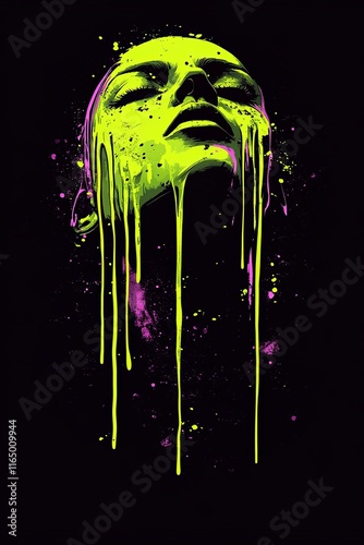 Abstract portrait of a woman's face with dripping lime green paint, splashes, and a black background.