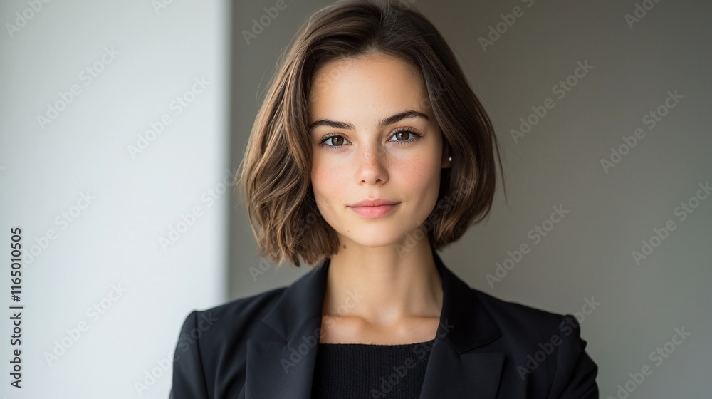 Confident young woman with shoulder-length brown hair, wearing a black blazer, looking directly at the camera. Confident young woman with shoulder-length brown hair, wearing a black blazer, looking directly at the camera.