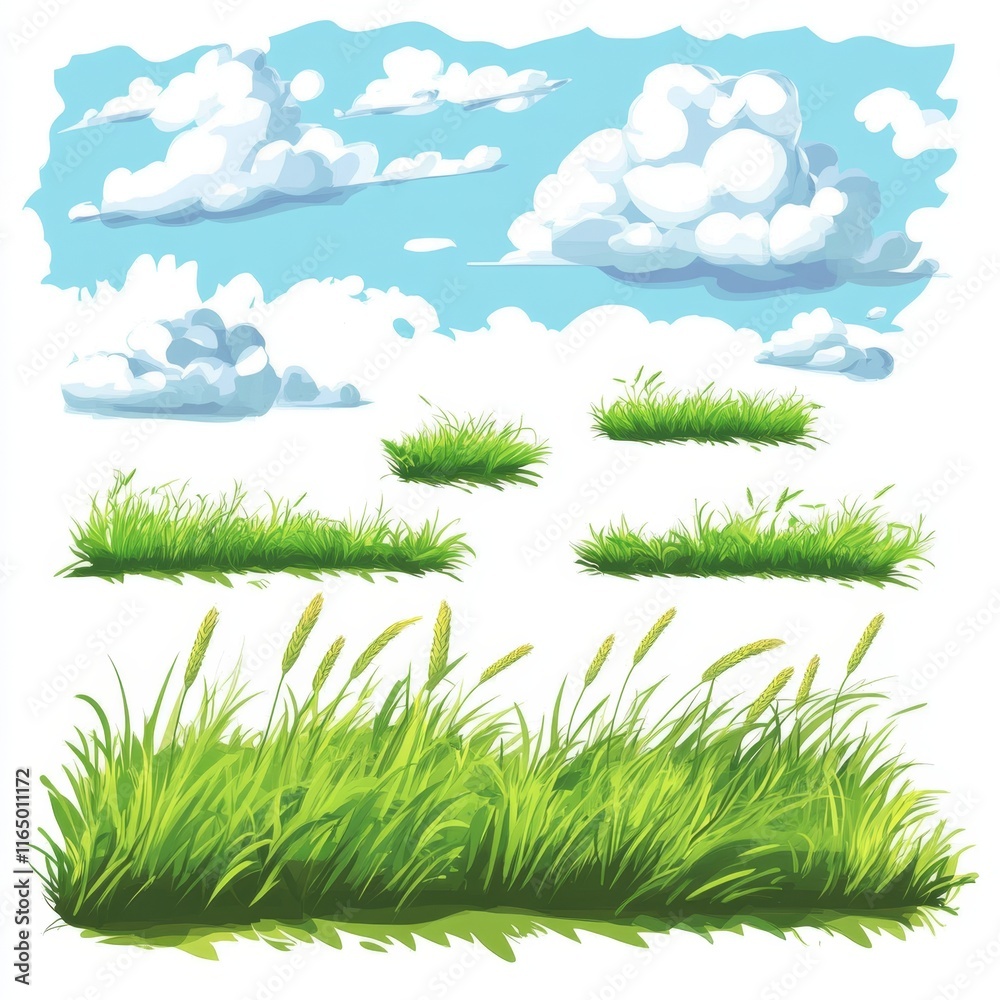 Fototapeta premium Vibrant Green Grass Field and Fluffy Clouds Illustration on White Background