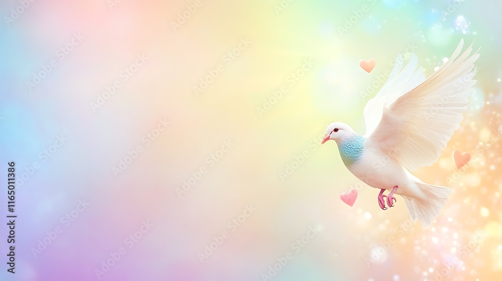 Fototapeta premium White Dove Soaring Through Pastel Sky With Hearts