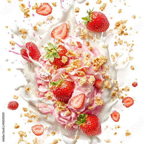  strawberry crunch ceareal from a top view with splashing milk exlpoding out, isolated on transparent background
 photo