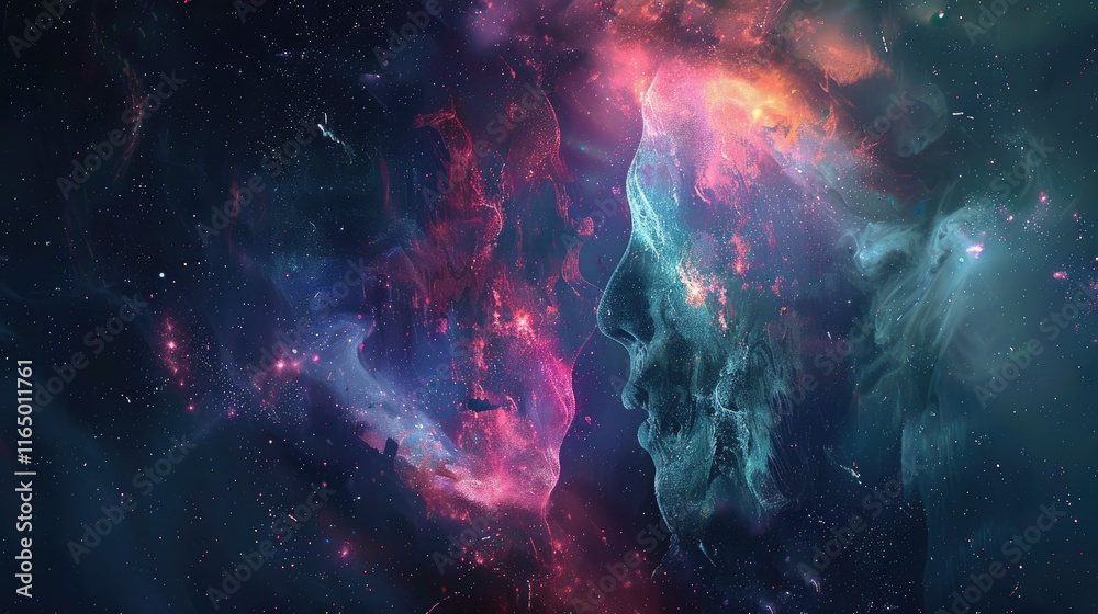A cosmic scene blending human features with vibrant nebulae and galaxies.