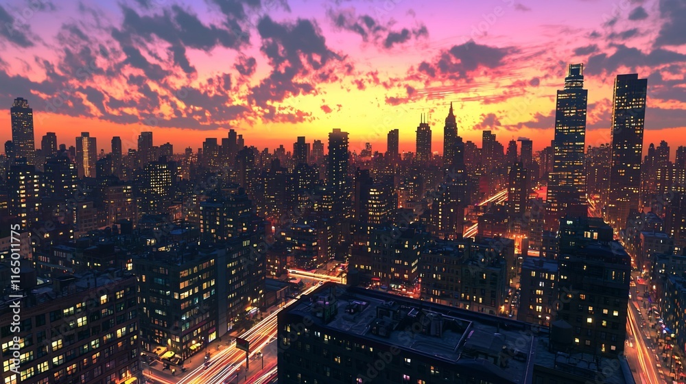 Fototapeta premium Vibrant sunset over a cityscape at twilight.