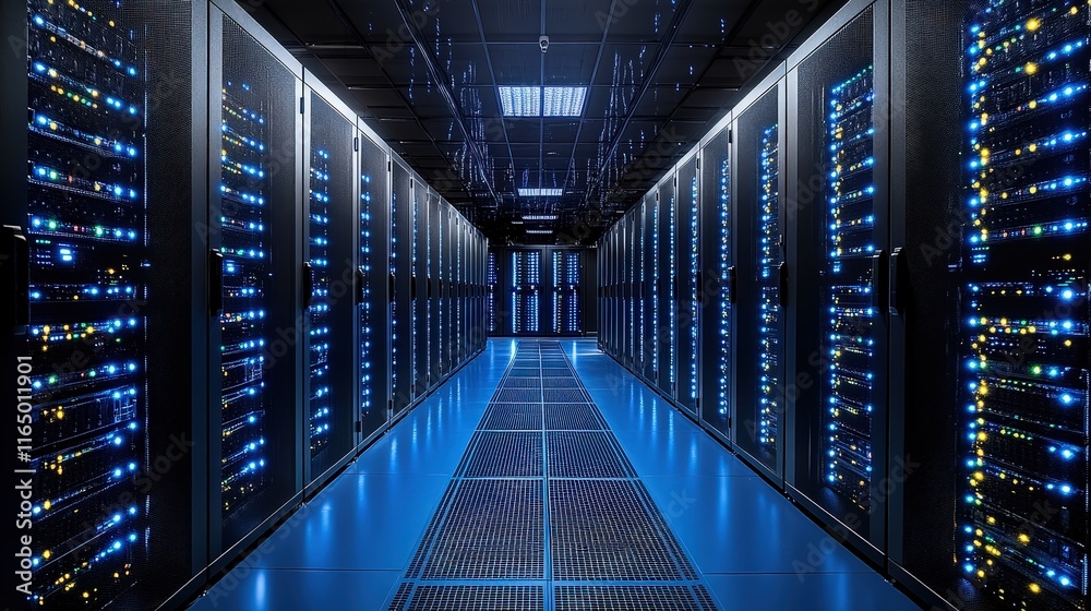 Server room interior with blue lights illuminating rows of computer equipment. Ideal for technology websites blog posts and data center marketing materials. Server room interior with blue lights illuminating rows of computer equipment. Ideal for technology websites blog posts and data center marketing materials.