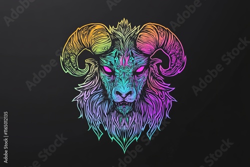 Colorful ram head illustration with intricate details and a dark background. photo