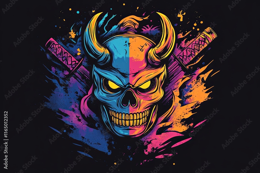 Obraz premium Colorful skull illustration with horns and crossed katanas, vibrant pop art style.