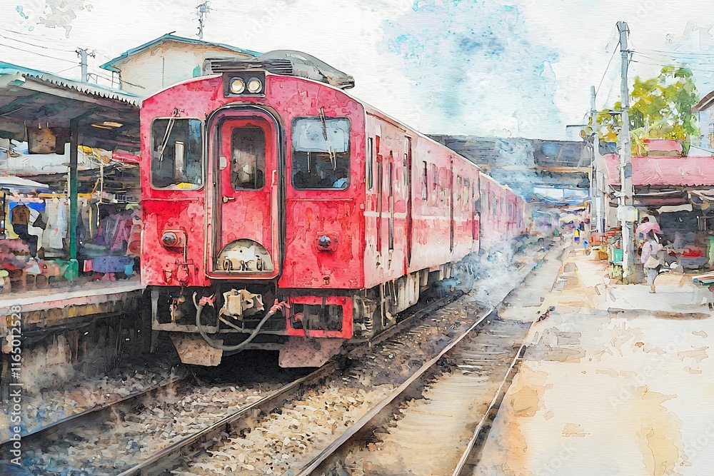 Fototapeta premium A Watercolor Painting of a Red Train Arriving at a Busy Train Station.