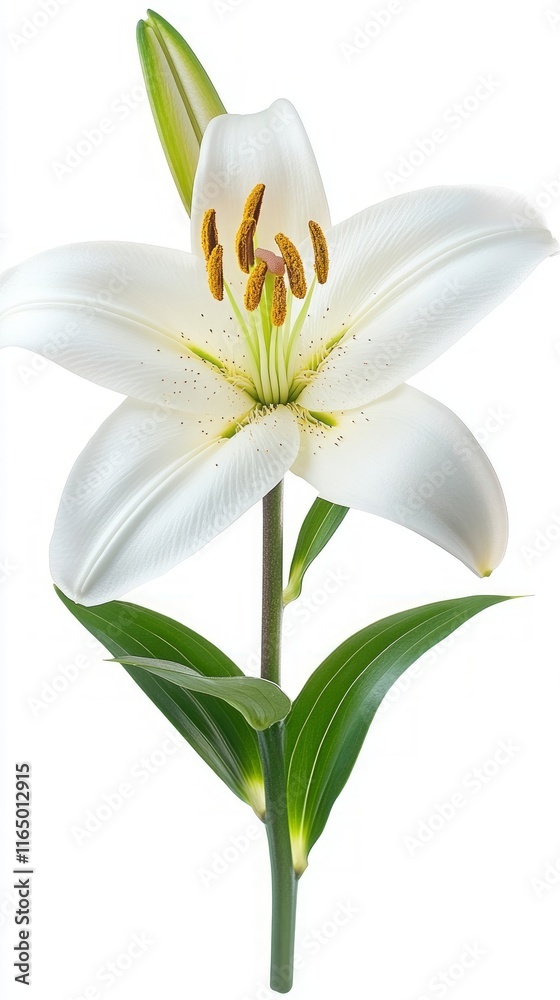 Obraz premium 302. 2. a close-up of a white lily with yellow stamens, close-up shot, isolated on a white background, --ar 9:16 --v 6.1 Job ID: 0e0fffe0-eab1-461b-9d3a-f76777eb4d5e