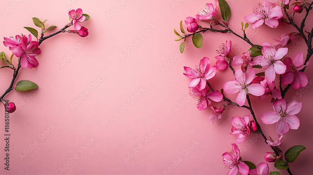 Fototapeta premium Pink blossoms arranged symmetrically on a pink background, creating a frame with copy space in the center.