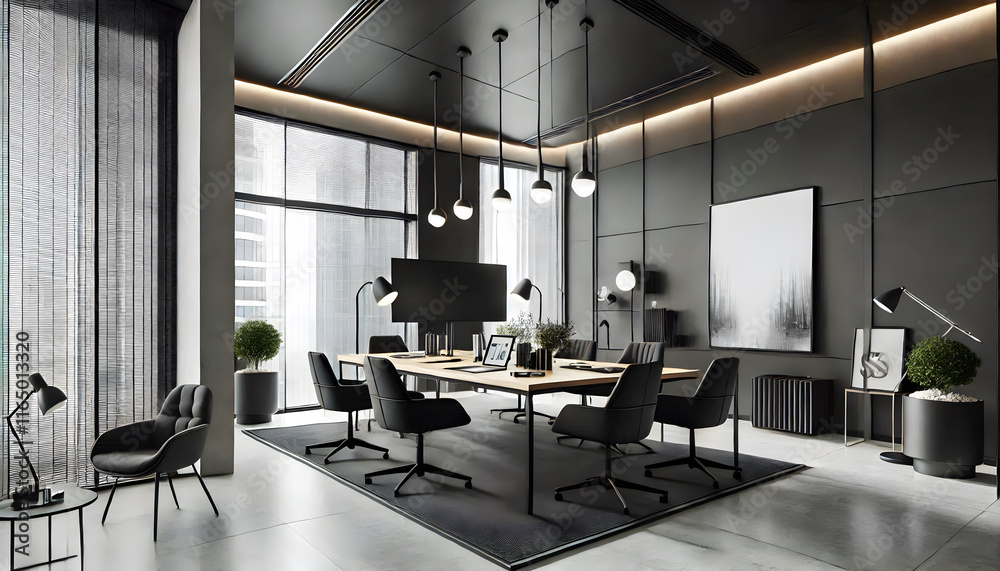 A modern, well-organized conference room with  a large wooden conference table surrounded by ergonomic office chairs
