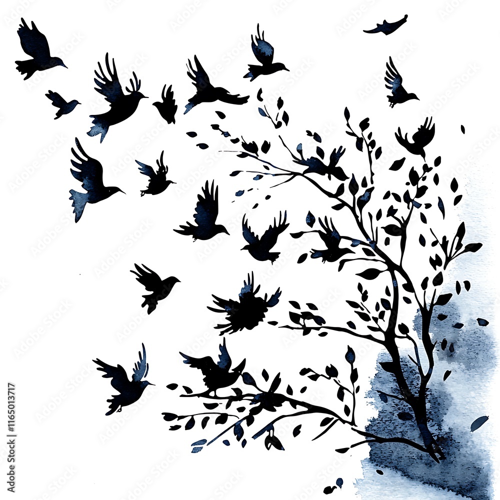 Fototapeta premium Watercolor painting of birds in flight surrounding a stylized tree branch.