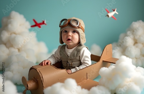 Adorable Baby in a Tiny Pilot Outfit Sitting in a Cardboard Airplane Surrounded by Clouds and Toy Planes
