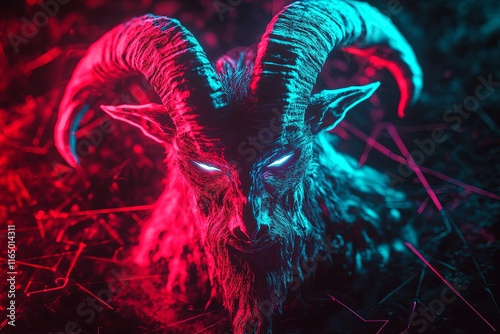 Glowing demonic goat head with large horns, vibrant red and blue neon light.