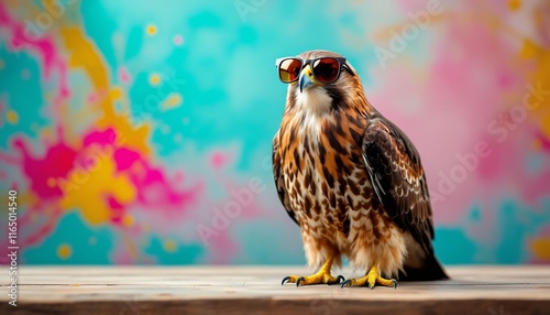 Cool Hawk with Sunglasses on Colorful Background photo