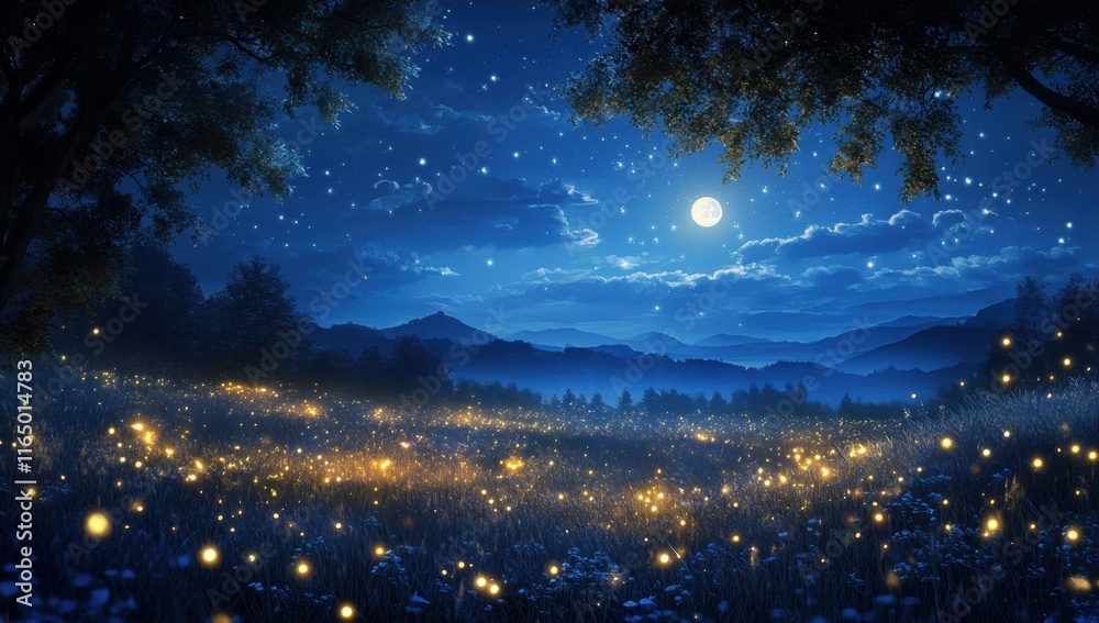 Fototapeta premium Enchanted Firefly Meadow Under a Starlit Night Sky: Serene Moonlight Landscape