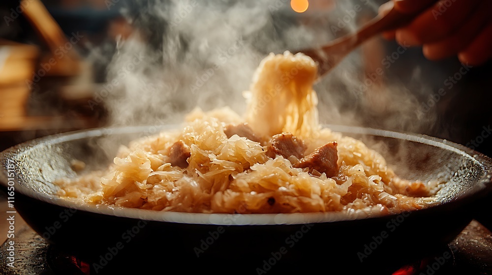 A dynamic shot of sauerkraut and pork being served onto a plate, with steam rising and the golden tones of the dish contrasting against the dark, rustic table setting. --ar 16:9 A dynamic shot of sauerkraut and pork being served onto a plate, with steam rising and the golden tones of the dish contrasting against the dark, rustic table setting. --ar 16:9