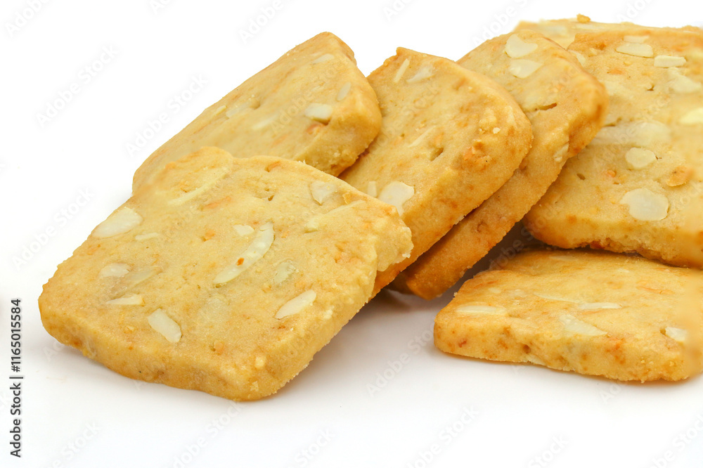 Mixed Cheese Cookies Nuts isolated on white background Mixed Cheese Cookies Nuts isolated on white background
