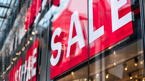 Clearance sale signs displayed prominently in store windows, attracting shoppers with enticing discounts and promotions, reflecting the excitement and urgency of retail bargains photo