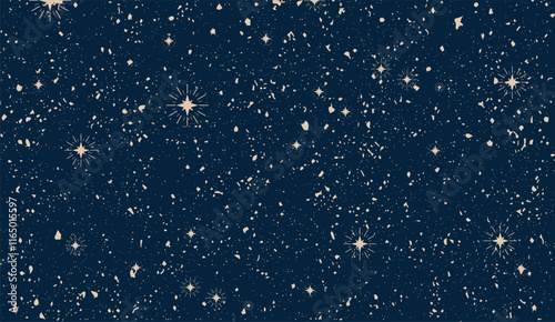 Seamless boho pattern with stars on a blue background, ideal for tarot or astrology. Features a magical cosmic sky and abstract esoteric ornament. Vector illustration design.