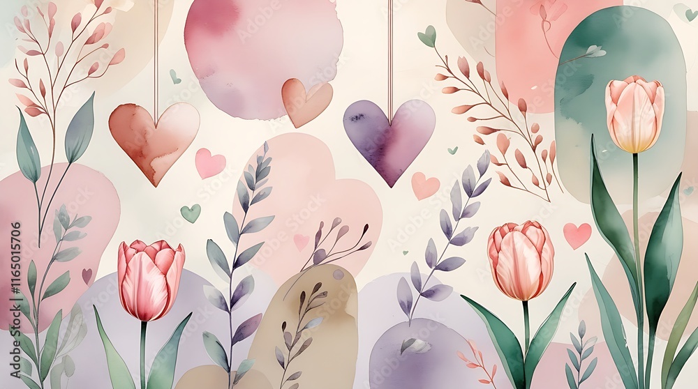 Obraz premium boho style valentine background, heart, rose, plant, watercolor heart, banner