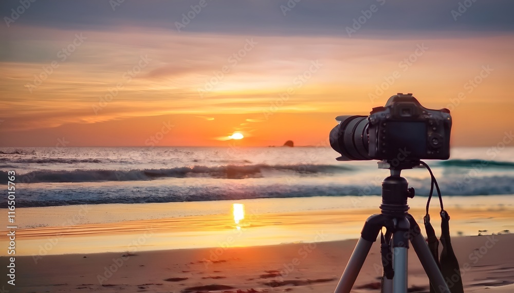 A professional camera mounted on a tripod capturing the golden sunset over a serene beach. A professional camera mounted on a tripod capturing the golden sunset over a serene beach.