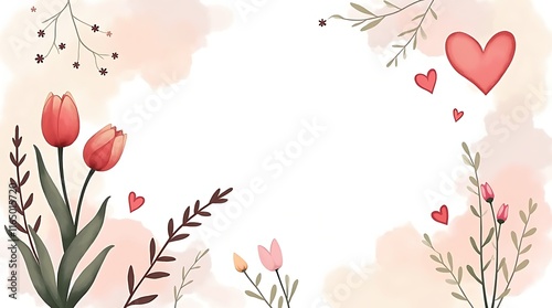 boho style valentine background, heart, rose, plant, watercolor heart, banner