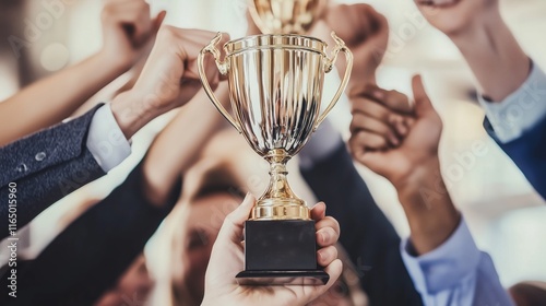 A group of people are holding a trophy and giving thumbs up. The trophy is gold and has a black base. The people are celebrating a victory or achievement