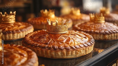 A festive bakery window display featuring multiple Galette des Rois of varying sizes, with golden crowns neatly placed atop each one, and elegant French signage in the blurred background. --ar 16:9