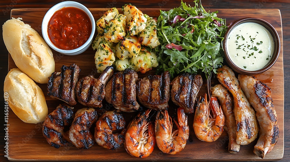 A festive Braai platter, featuring a mix of grilled prawns, lamb chops, and spicy chicken wings, arranged with dipping sauces, fresh salads, and bread rolls, shot on a rustic wooden surface. A festive Braai platter, featuring a mix of grilled prawns, lamb chops, and spicy chicken wings, arranged with dipping sauces, fresh salads, and bread rolls, shot on a rustic wooden surface.