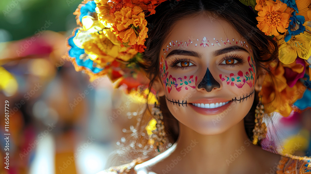 Smiling Mexican woman with colorful face paint and vibrant floral headpiece celebrating Dia de los Muertos Smiling Mexican woman with colorful face paint and vibrant floral headpiece celebrating Dia de los Muertos