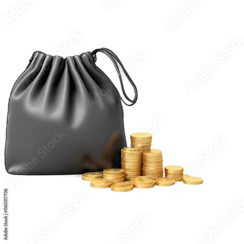 Money bag with stacked coins realistic 3D Png with on Transparent Background