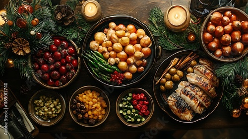 A festive Osechi Ryori presentation on a modern table, featuring lacquered dishes filled with simmered vegetables, grilled fish, and sweetened chestnuts, photo