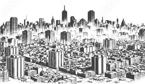 Black-and-white cityscape illustration showcasing a dense urban skyline with skyscrapers and residential buildings, blending artistic detail and metropolitan architecture