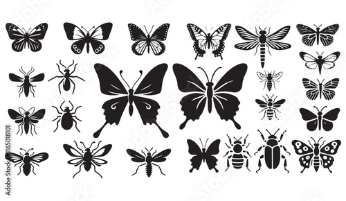 Silhouette collection of butterflies, dragonflies, bees, ants, and beetles, showcasing intricate insect designs perfect for creative and scientific projects