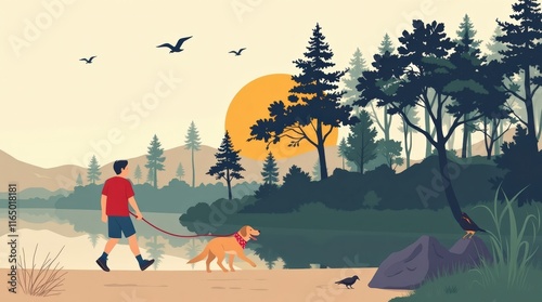 Peaceful outdoor adventure with a person walking a dog