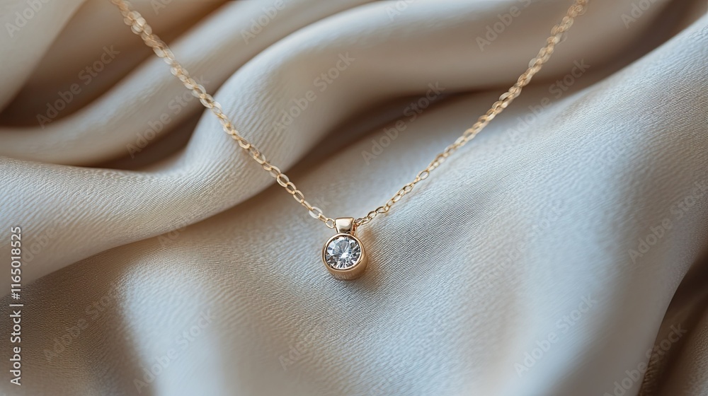 A delicate gold necklace with a small diamond solitaire pendant, displayed on a soft beige fabric. A delicate gold necklace with a small diamond solitaire pendant, displayed on a soft beige fabric.